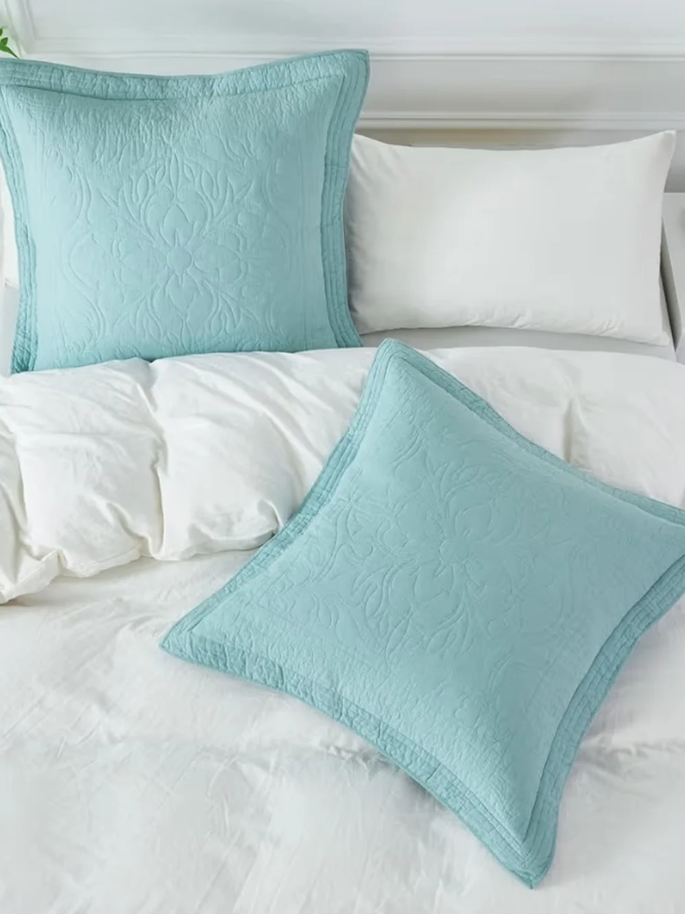 All Cotton Luxury Quilted Pillow Shams in Light Aqua 26 X 26 Set Of 2